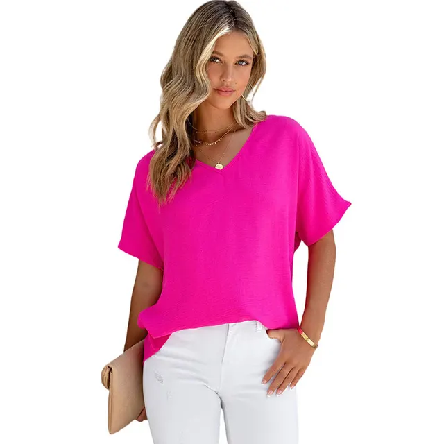 Leisure All matching Solid Color T shirt Loose Pullover V neck Short sleeved Top Lc25121479 Rose Red - Shop at LoveMi