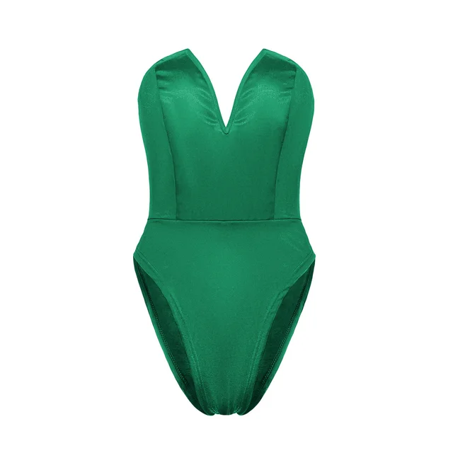 Women's V neck Tight Jumpsuit Top Dark Green - Shop at LoveMi
