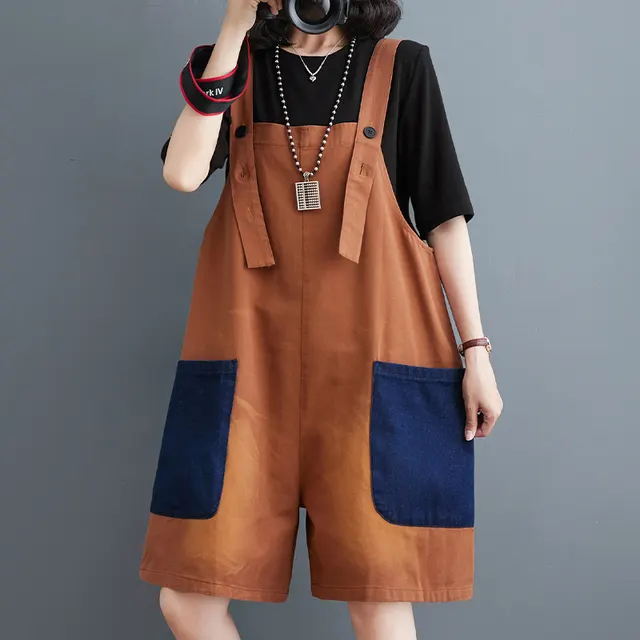 Fashion Large Contrast Denim Strap Pants Caramel - Shop at LoveMi