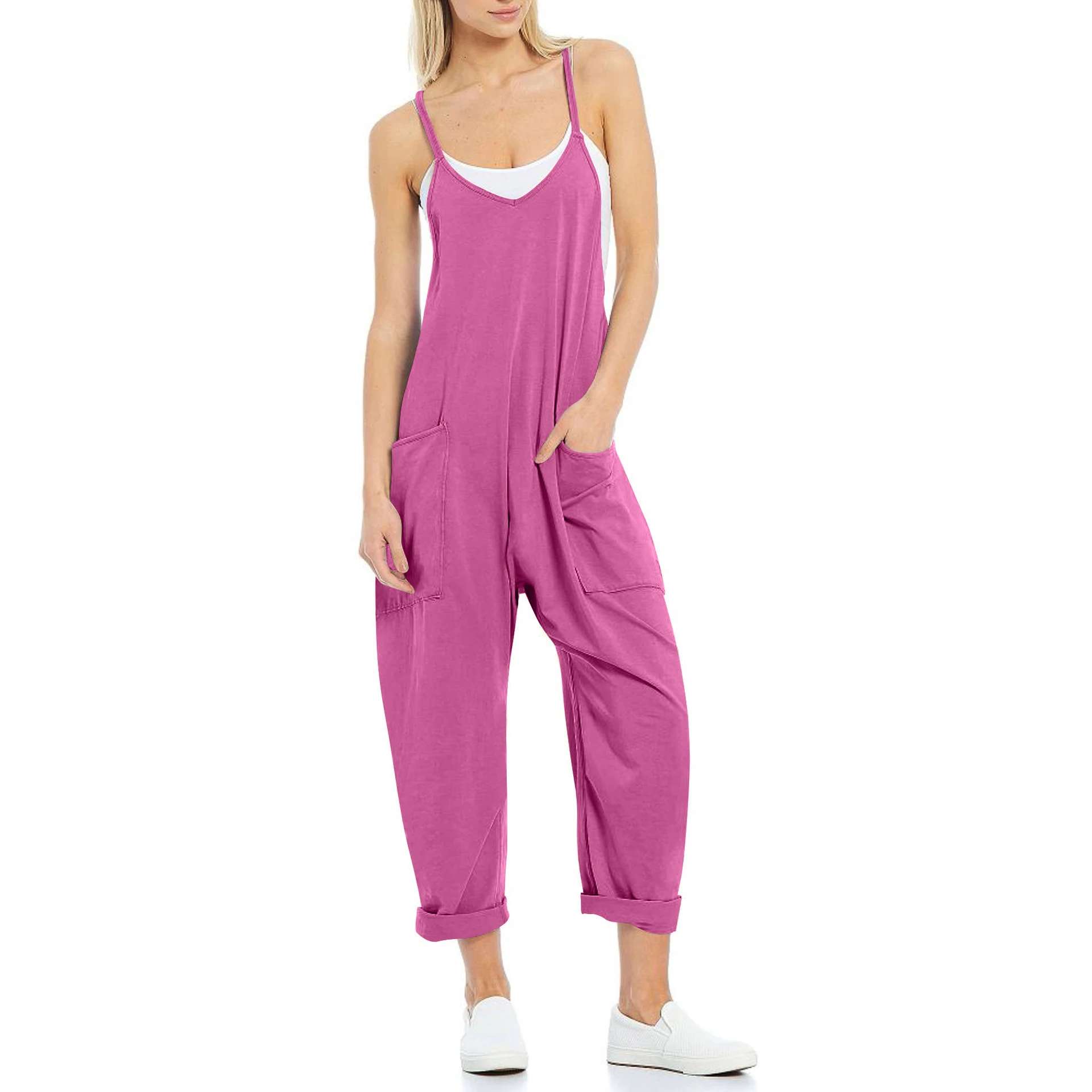 Women's Fashion Simple Large Pockets Strappy Pants - Grape Purple