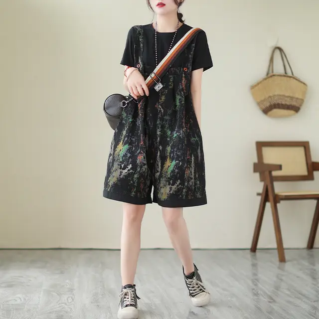 Oversized Printed Denim Strap Pants Black - Shop at LoveMi