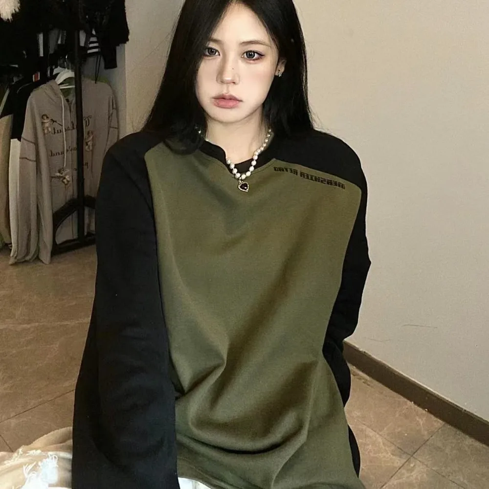 Women's American style Retro Raglan Sleeve Color Contrast Patchwork Round Neck Long Sleeve Green - Shop at LoveMi