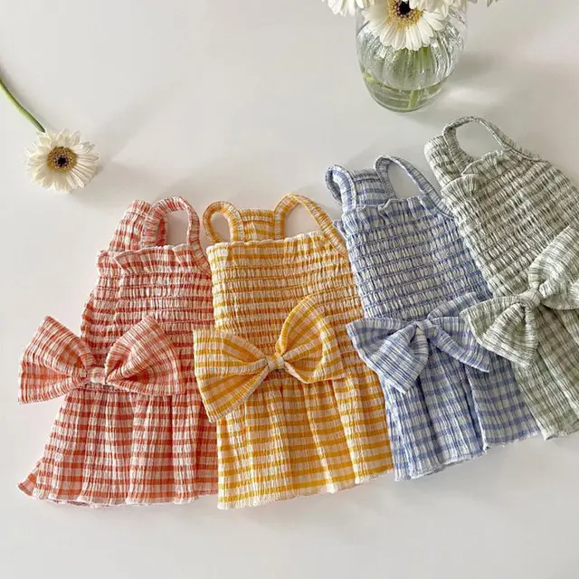Spring And Summer Dog Bow Pleated Check Skirt Yellow Plaid - Shop at LoveMi