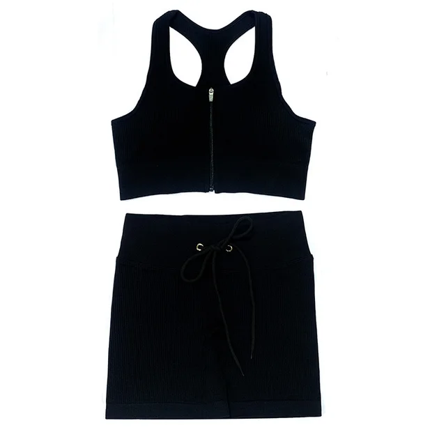 Seamless Yoga Suit Threaded Vest Short Sleeve Shorts Two piece Suit Black Bra Shorts - Shop at LoveMi