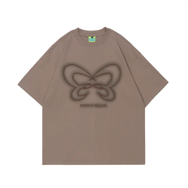Women's Fashionable Simple American Street Embroidered Butterfly Short sleeved T shirt Coffee - Shop at LoveMi