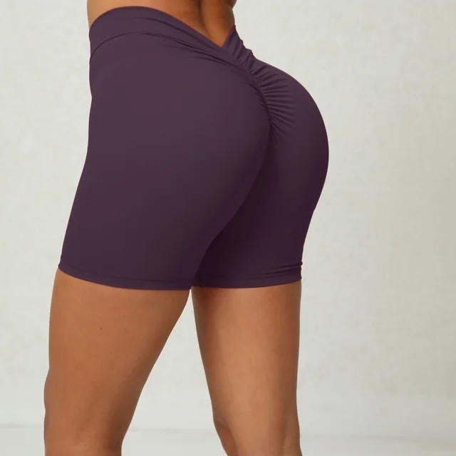 Back Waist Deep V shaped Wrinkle Tight Yoga Shorts Dark Purple - Shop at LoveMi
