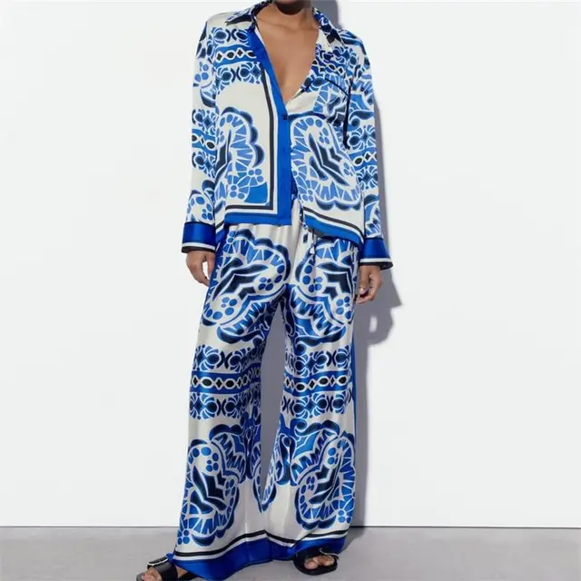 Spring New European And American Printing Drape Loose Shirt Elastic Waist Pajamas Wind Length Blouse And Pants Set - Shop at LoveMi