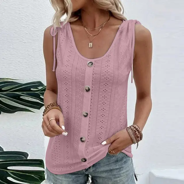Casual Solid Color U neck Vest Women Shoulder With Bow Tie Tops Summer T shirt Dark Pink - Shop at LoveMi