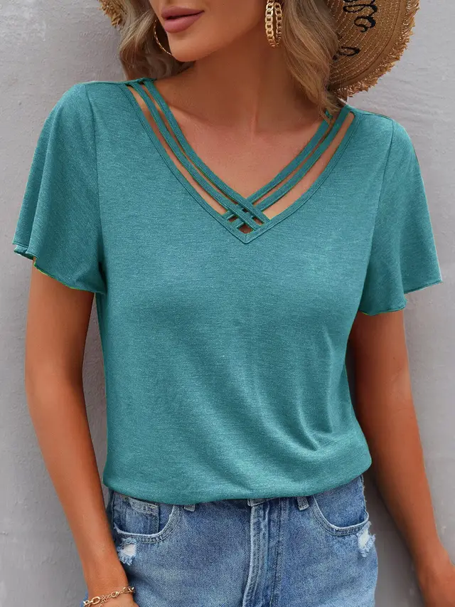 Women's Pure Color Ruffles Short sleeved Top T shirt Lake Blue - Shop at LoveMi