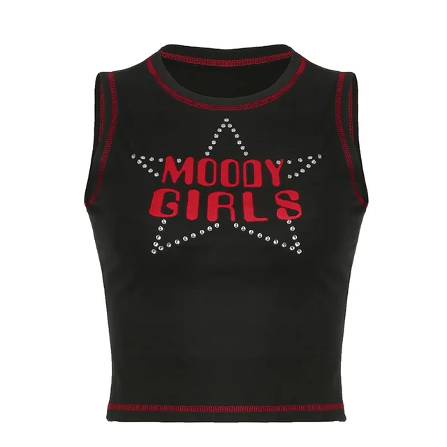 Women's Fashion Casual Short Slim Fit Slimming Round Neck Five pointed Star Hot Drilling Vest Black - Shop at LoveMi