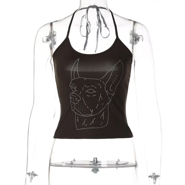 Women's Graceful And Fashionable Rhinestone Lace up Halterneck U neck Slim Vest Brown - Shop at LoveMi