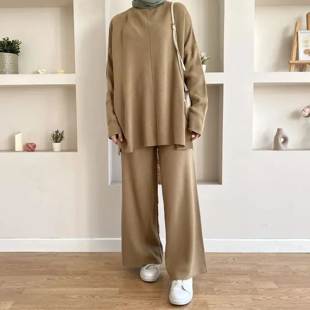 Women's Casual Woolen Sweater Wide leg Trousers Suit Khaki - Shop at LoveMi