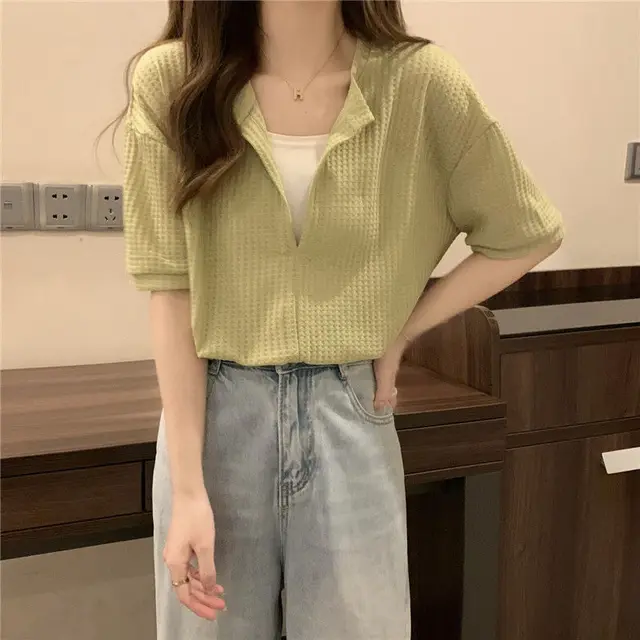 Women's V Neck Short Sleeved T Shirt Loose Tops Green - Shop at LoveMi
