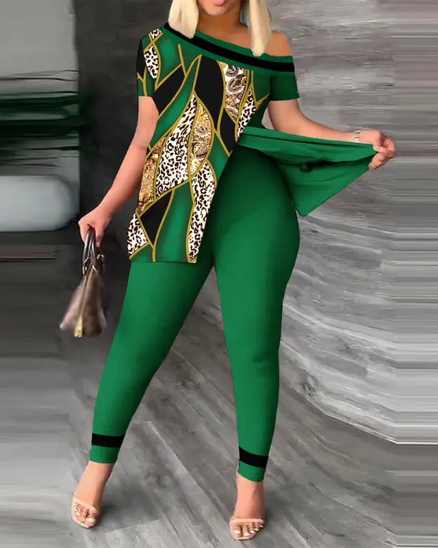 Women's Fashion Casual Slit Diagonal Collar Printing Suit Green - Shop at LoveMi