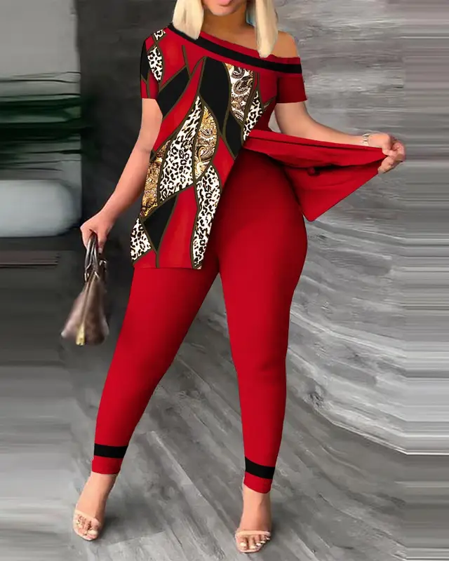 Women's Fashion Casual Slit Diagonal Collar Printing Suit Red - Shop at LoveMi