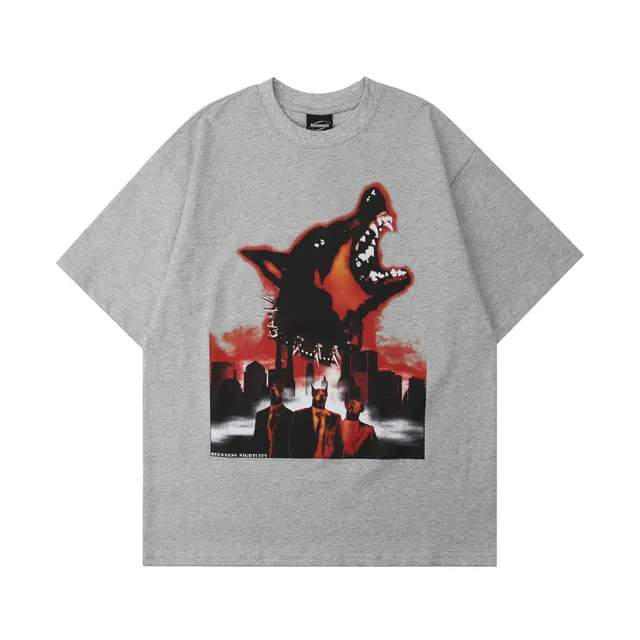 Street Design Theme Dark Dog Head Man Short Sleeve Flower Gray - Shop at LoveMi