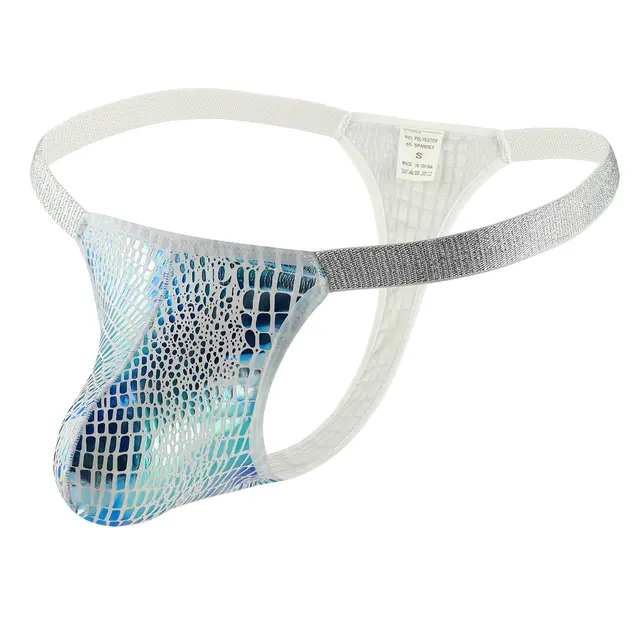 Glossy Crocodile Pattern Men's Underwear U Convex Big Bag Breathable T back Silver White - Shop at LoveMi