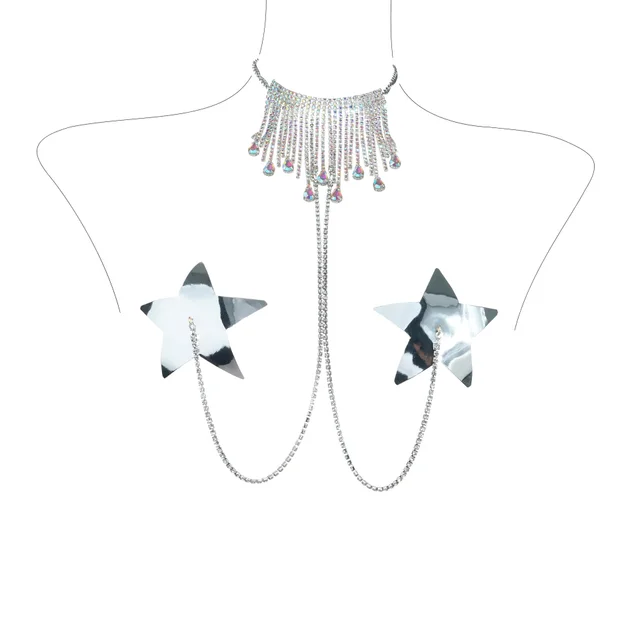 Rhinestone Breast Pad Body Chains Metal Chest Accessories Silver - Shop at LoveMi