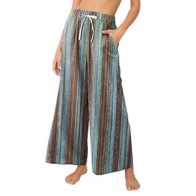 Fashion Loose Striped Printed Casual Pants Wine Red - Shop at LoveMi