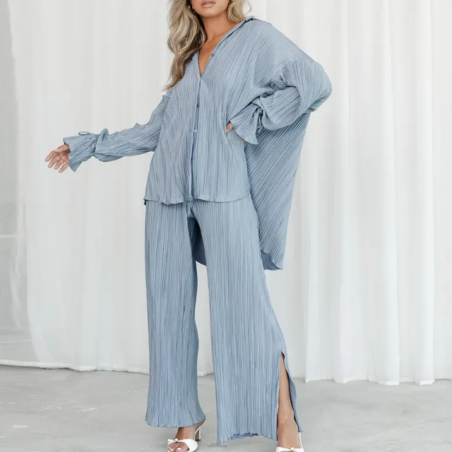 Pleated Shirt Long Sleeve Split Pajamas Two piece Set Blue - Shop at LoveMi