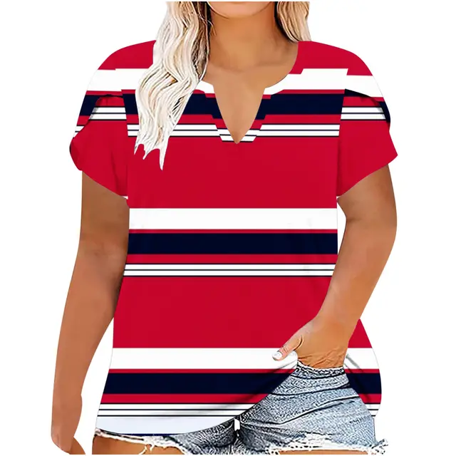 Women's V neck Printed Short Sleeved Top Red Stripe - Shop at LoveMi