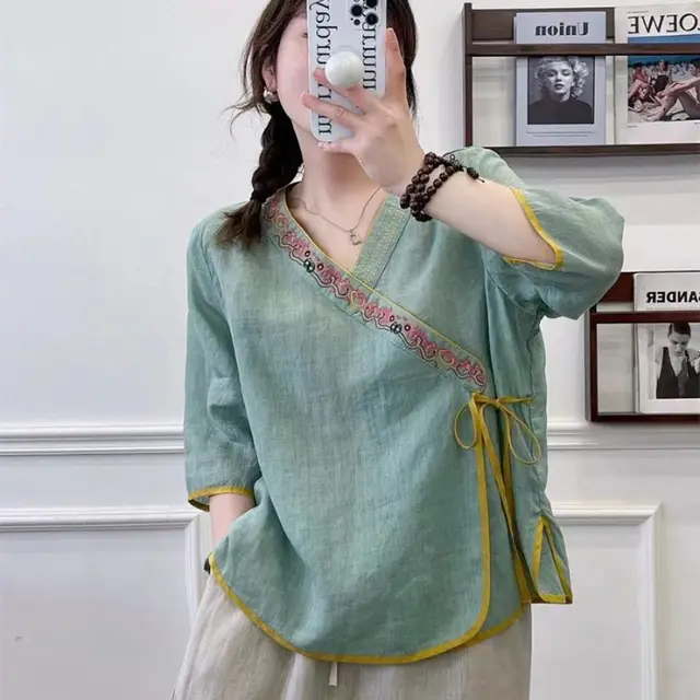 Summer Loose Fitting Tea Suit Top Light Green - Shop at LoveMi