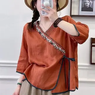 Summer Loose Fitting Tea Suit Top - Orange