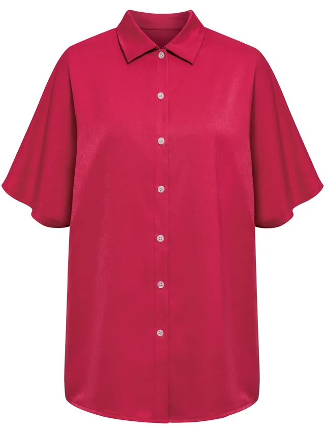 Casual Lapel Short Sleeved Women's Shirt Rose Red - Shop at LoveMi