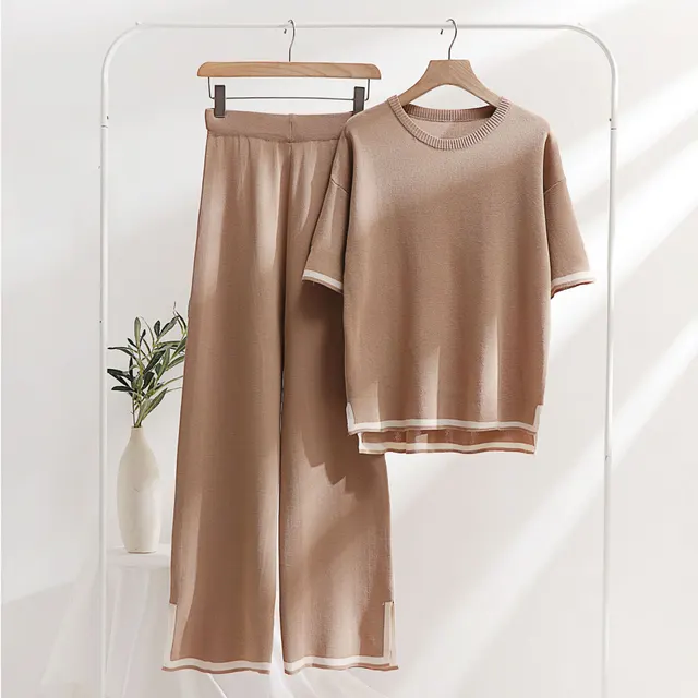 Classic Style Ice Silk Knitting Suit Female Spring And Summer Two piece Set Khaki - Shop at LoveMi