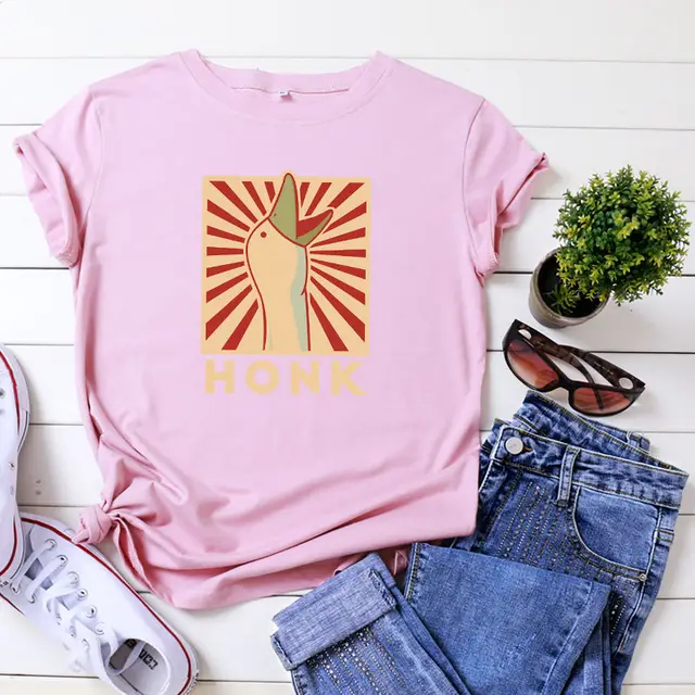 Vintage HONK Goose Print Crew Neck Casual Cotton Short Sleeve T shirt Pink - Shop at LoveMi