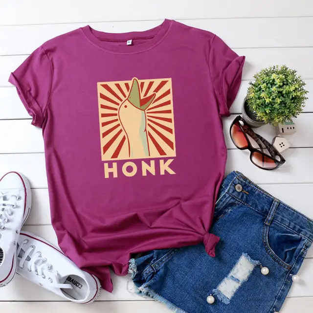 Vintage HONK Goose Print Crew Neck Casual Cotton Short Sleeve T shirt Wine Red - Shop at LoveMi