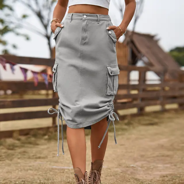 Women's New Denim Lace up Skirt Casual Light Gray - Shop at LoveMi