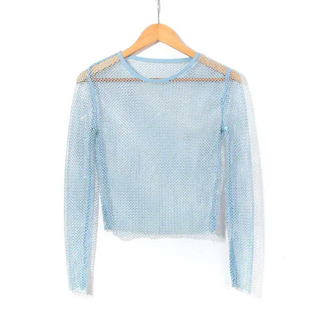 Women's Fashion Simple Solid Color Mesh Rhinestone Long Sleeve Top Sky Blue - Shop at LoveMi