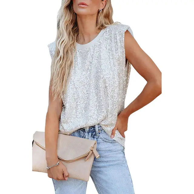 Sequined Sleeveless Top Bottoming Padded Shoulder Women's Vest Apricot - Shop at LoveMi