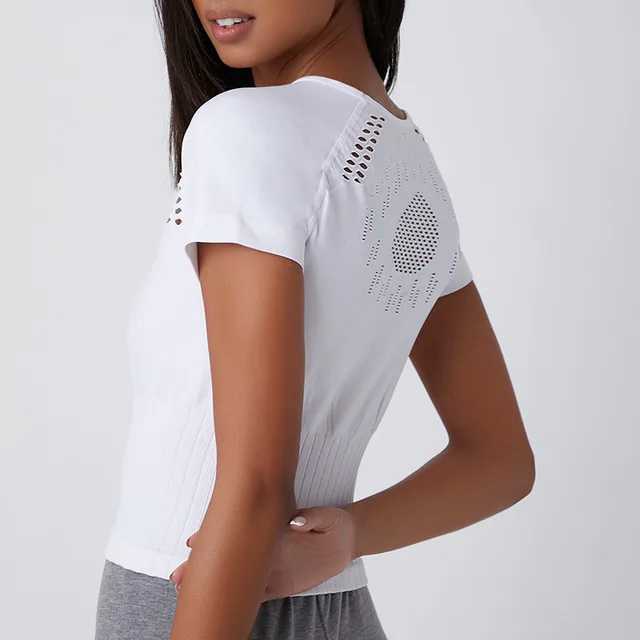 Women's Classic Hollow Yoga Quick drying T shirt Body Shaping Seamless Short Sleeve White - Shop at LoveMi