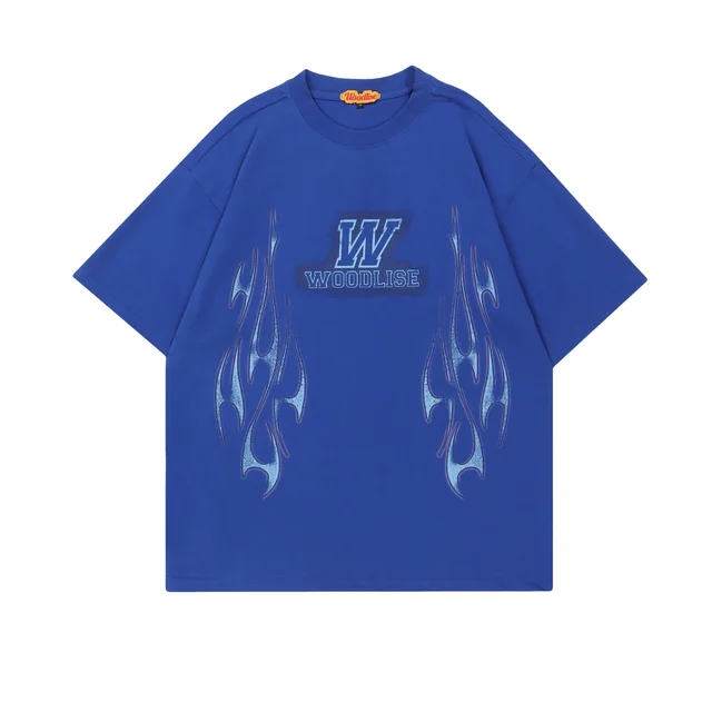 Street Retro Trendy Brand Letter Short Sleeve T shirt Blue - Shop at LoveMi