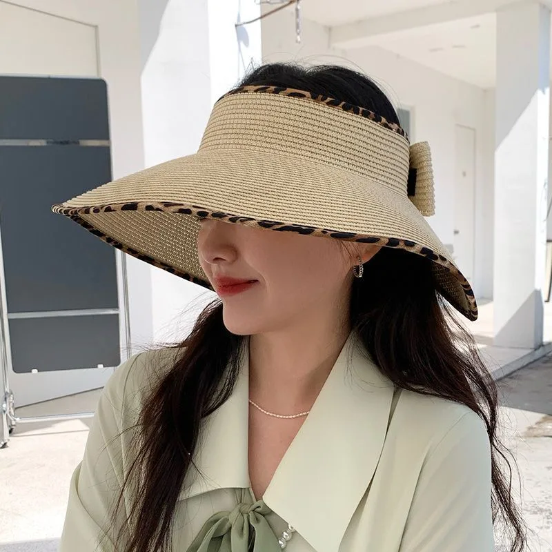 Visor Straw Hat Women's Summer Outdoor Cycling Leopard Edge Air Top Beige - Shop at LoveMi