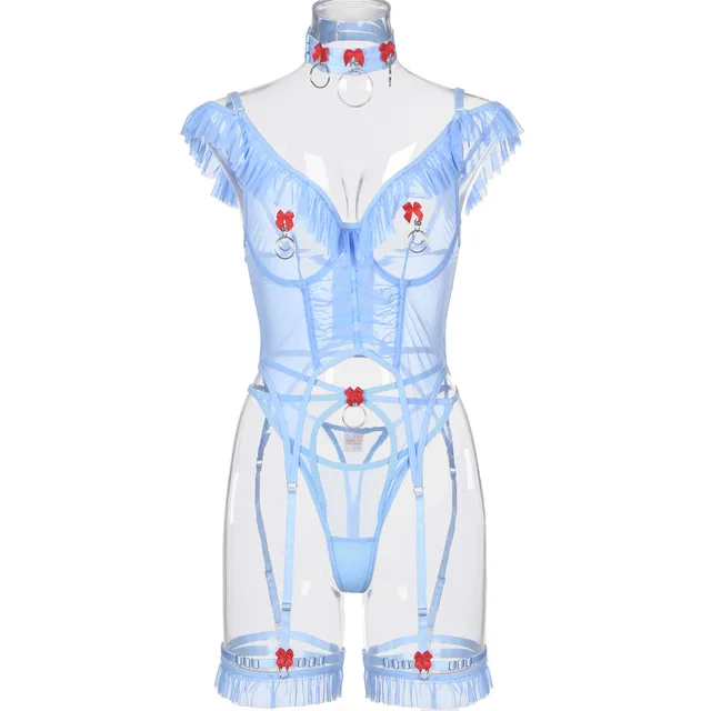 Girl Sheer Mesh Body Shaping Sexy Lingerie Garter Suit With Steel Ring - Shop at LoveMi