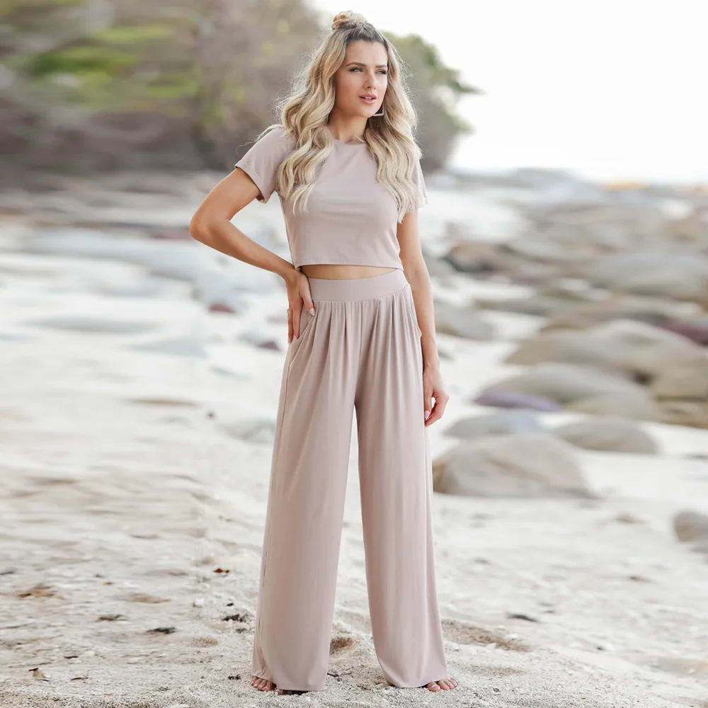 New Short sleeved T shirt And Trousers Two piece Set Suit Khaki - Shop at LoveMi