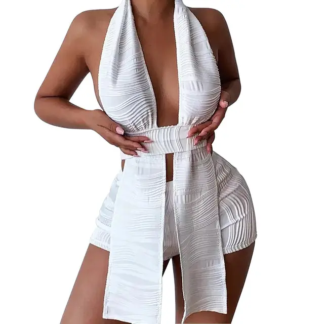 Women's Pleated Backless Tassel Two piece Set Blouse And Pants White - Shop at LoveMi