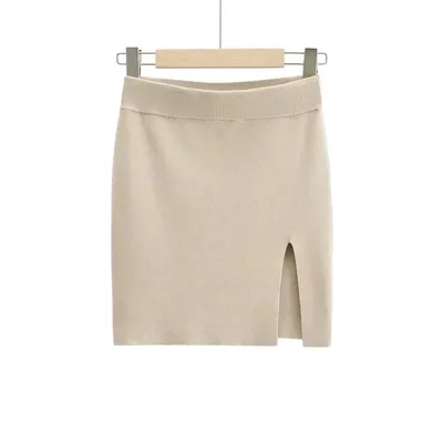 Short Skirt Fashion Side Slit Slim Knit Apricot - Shop at LoveMi