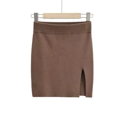 Short Skirt Fashion Side Slit Slim Knit Coffee - Shop at LoveMi
