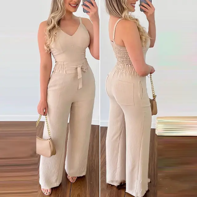 Women's Camisole Straight leg Pants Casual Suit Apricot - Shop at LoveMi