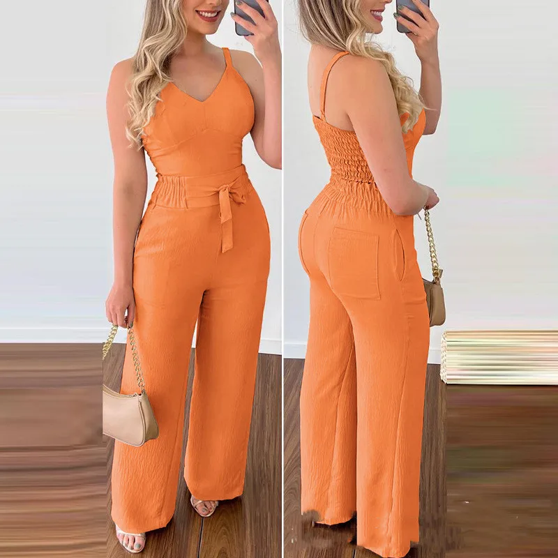 Women's Camisole Straight-leg Pants Casual Suit - Orange