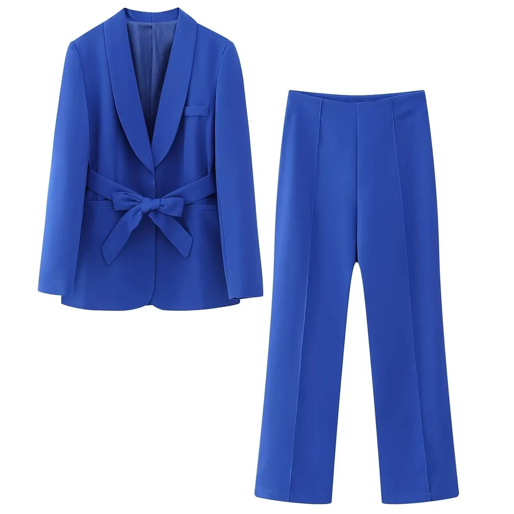 Women's French Style With Belt Dress Small Suit Jacket Casual Trousers - Blue