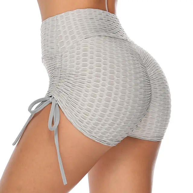 Drawstring Shorts Textured Butt Lift Gym Workout Slim Jogging Fitness Yoga Leggings Shorts Grey - Shop at LoveMi