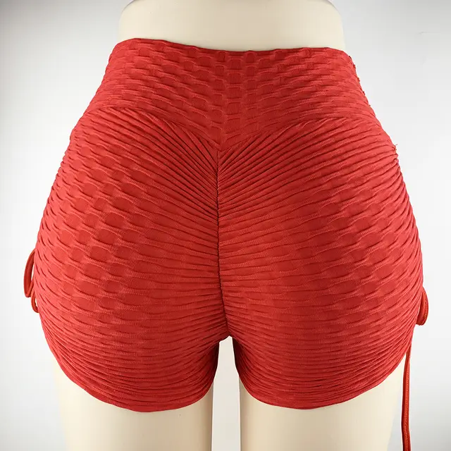 Drawstring Shorts Textured Butt Lift Gym Workout Slim Jogging Fitness Yoga Leggings Shorts Red - Shop at LoveMi