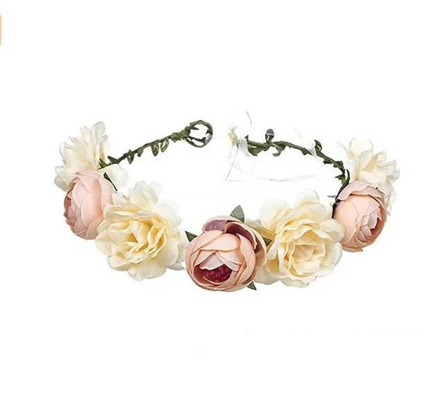 Big Red Rose Bridal Wreath Headband Beach Travel Beautiful Artificial Flower Hair Band Beach Head Champagne - Shop at LoveMi