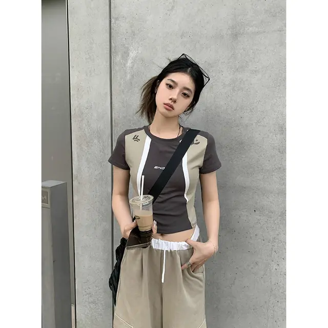 Women's Fashion Color Contrast Stitching Letter Print Short sleeve T shirt Color Matching - Shop at LoveMi