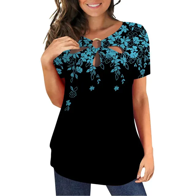 Casual Loose Printed Round Neck Short Sleeves Blue - Shop at LoveMi